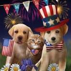 dogs and cat with American flag celebrating 4th of July.